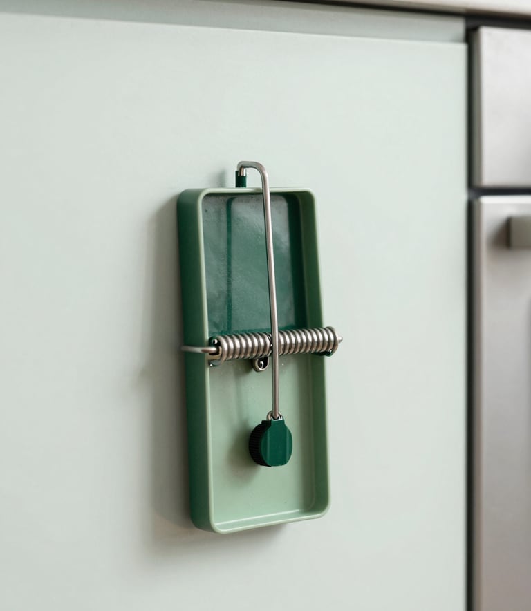 A close-up photograph of a professional-grade humane pest trap placed discreetly against a soft mint white wall in a modern North American / US kitchen, featuring clean lighting and reflecting the professional brand colors of deep forest green and sage green.