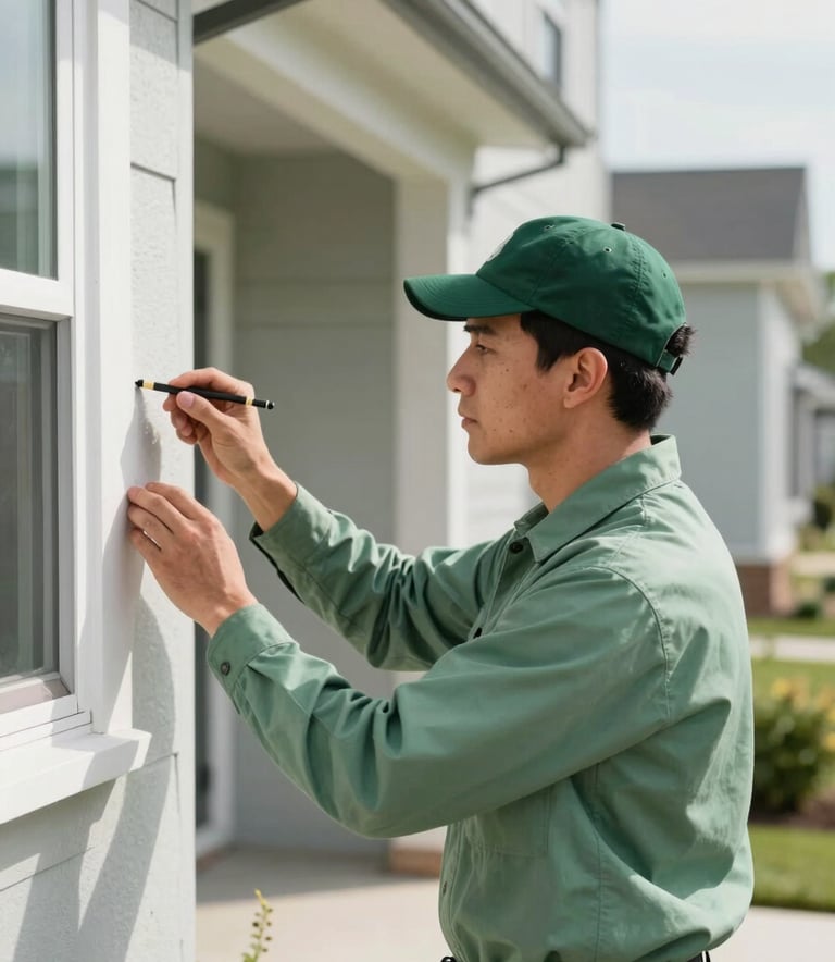A professional pest control technician wearing a clean sage green uniform and deep forest green cap, inspecting the exterior of a modern North American / US home. Bright, natural lighting in a clean suburban environment.