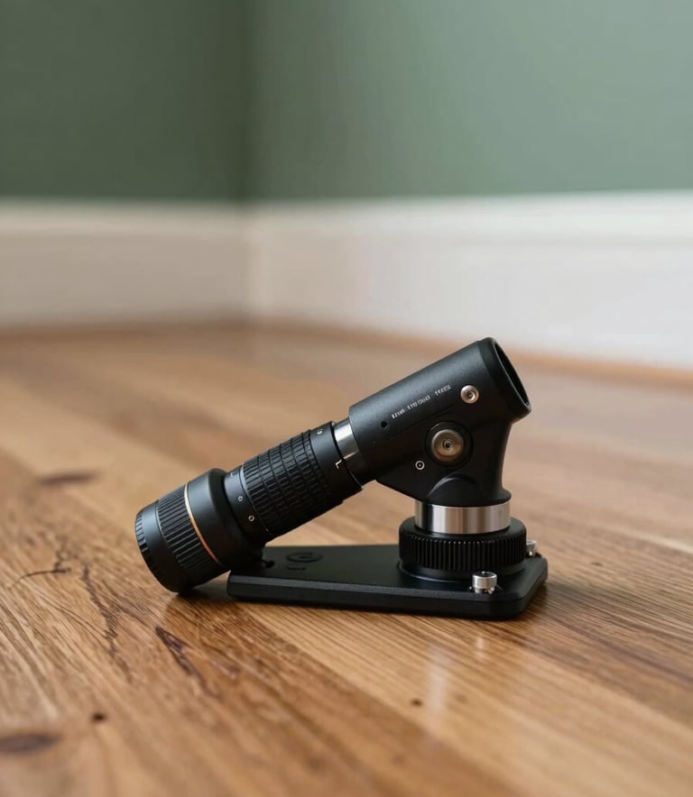 A macro photograph of a professional application tool being used along the edge of a clean, polished wooden floor in a North American / US home. The background is softly blurred with deep sage green and soft white tones.