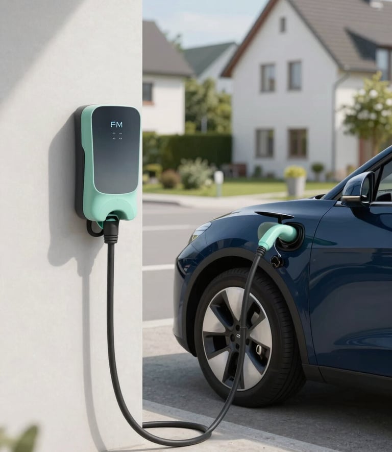 A modern electric vehicle parked in a bright, clean driveway in a German suburb, charging from a wall-mounted unit, soft daylight, navy blue and mint accents.