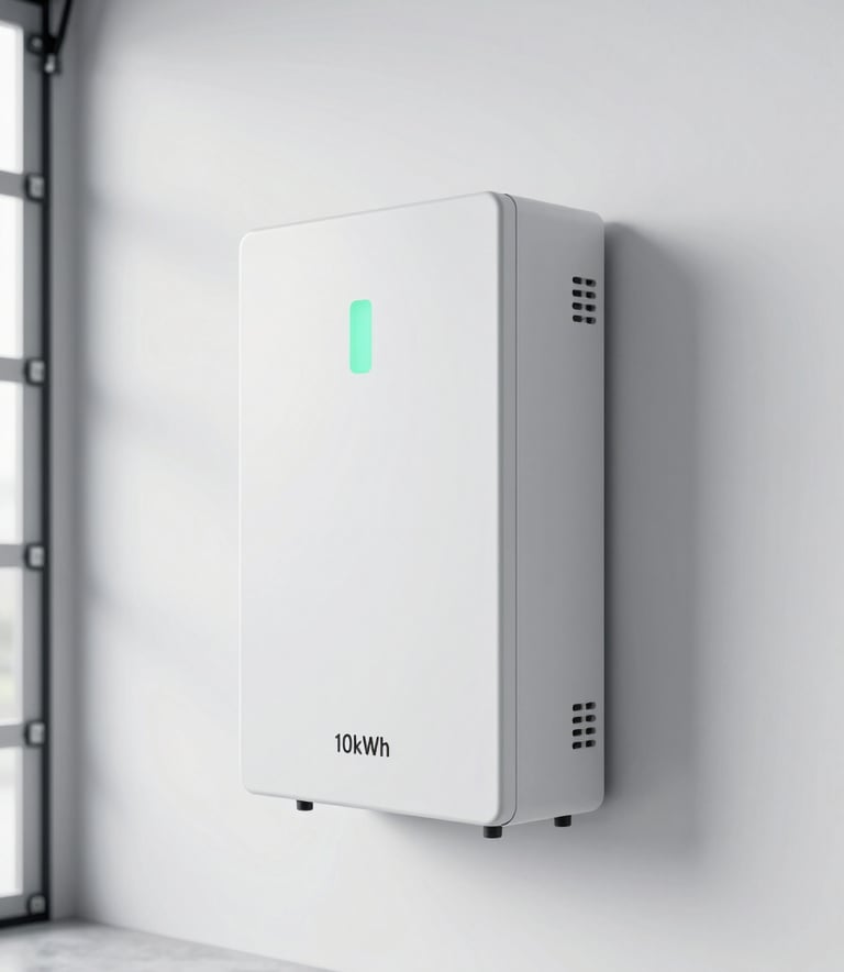 A high-end 10kWh lithium battery storage system mounted on a clean white wall in a modern German garage, minimalist design with a glowing mint green status light, professional architectural lighting.