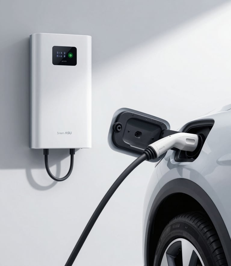Close-up of a modern electric vehicle charging cable plugged into a car in a bright, clean garage, a sleek white solar battery unit with a digital display is mounted on the wall nearby, Central European setting.