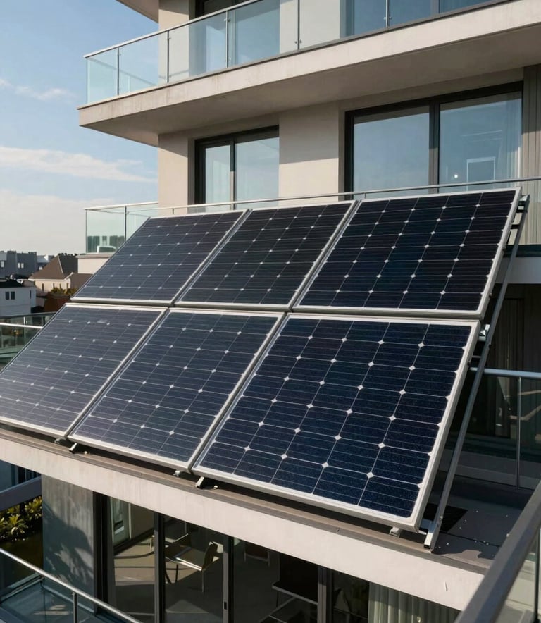 Sharp photography of four high-efficiency black solar panels installed on a modern glass balcony of a Central European apartment building, reflecting a clear blue sky, bright afternoon lighting.