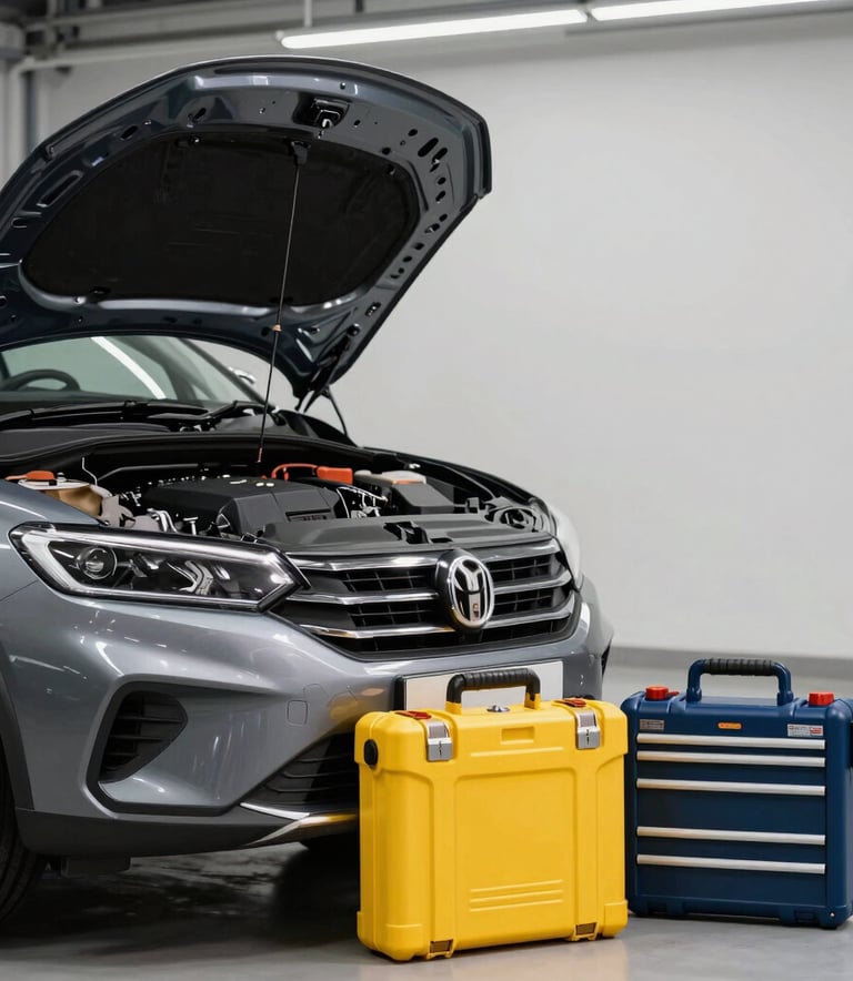 A modern car with its hood open in a clean garage setting, a bright yellow tool case and deep blue diagnostic equipment nearby, South Asian / Indian context.