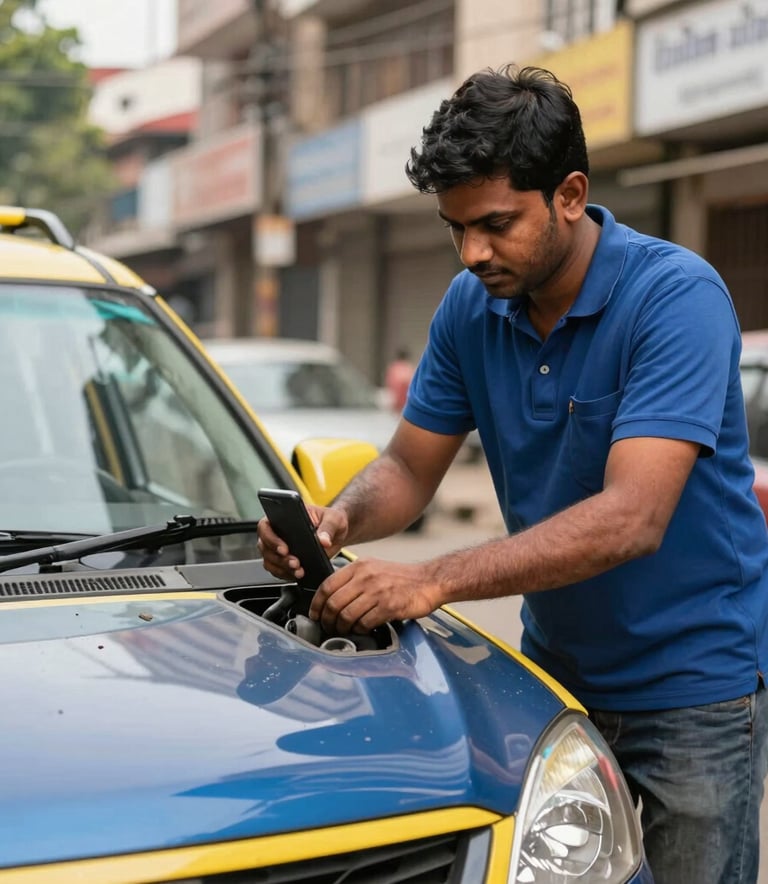 A modern mobile car service setup in a Bangalore neighborhood with a South Asian / Indian mechanic working on a vehicle, bright daylight, professional and efficient vibe with blue and yellow color accents.