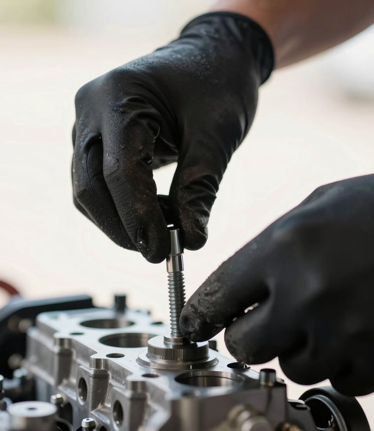 Close-up of a mechanic's hands wearing black gloves, tightening a bolt on a clean engine, bright morning light, off-white background highlights.