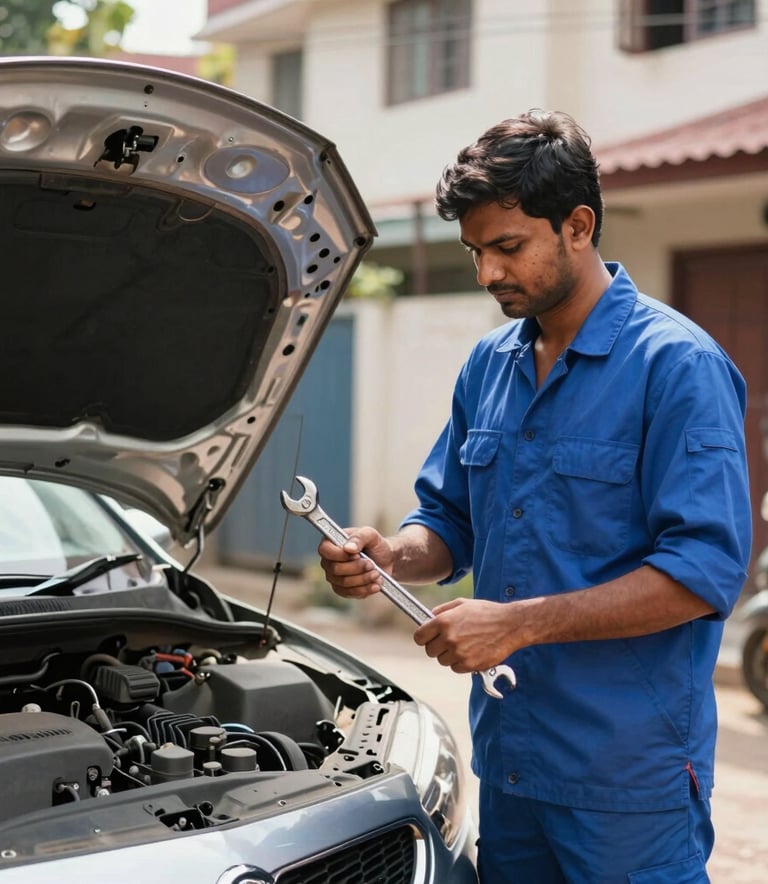 A professional South Asian / Indian mechanic in a blue uniform standing next to a car with an open hood in a sunny residential area in Bangalore, holding a wrench, clean and modern automotive service aesthetic.
