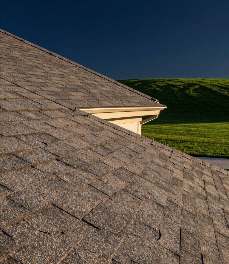 A high-end architectural photograph of a modern residential roof in the USA during golden hour. The shingles are crisp and perfectly aligned. In the background, a lush emerald green lawn and deep navy blue sky provide a premium, trustworthy atmosphere. Sharp focus, clean composition.