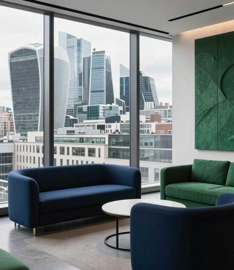 An ultra-professional, minimalist office interior in London with a view of modern skyscrapers. The lighting is bright and clean. Accents of deep navy blue and emerald green appear in the furniture and decor. A sophisticated, tech-forward environment.