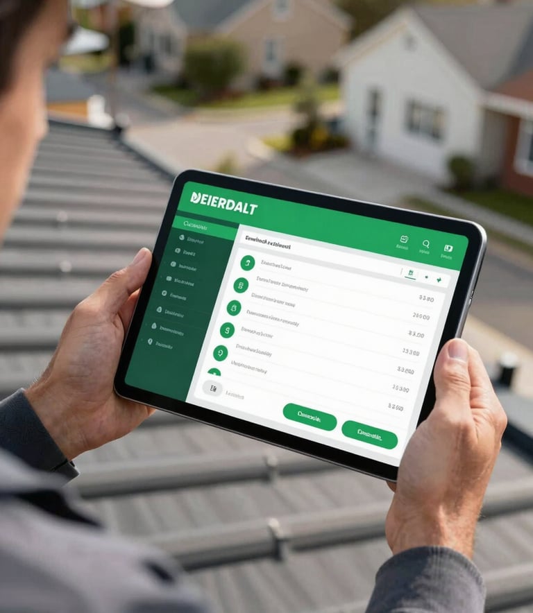 A close-up of a professional roofing contractor's hands holding a modern tablet showing a lead dashboard with Emerald Green accents, set against a blurred background of a residential street with clean rooflines.