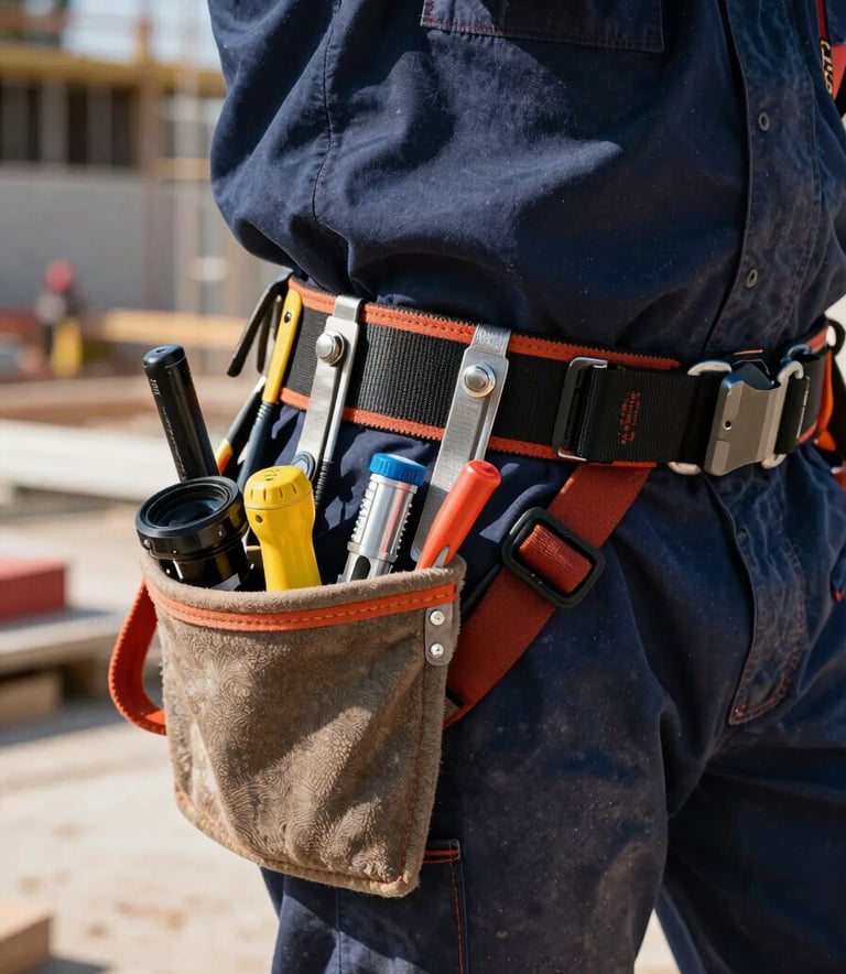 A focused close-up of a roofer's belt with tools, featuring a hint of a deep navy blue uniform, on a sun-drenched construction site, ultra-professional and high-quality photography.