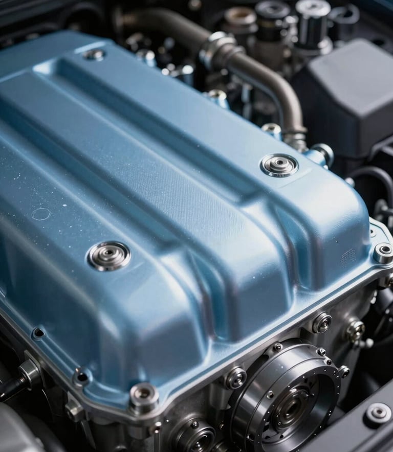 Close-up macro photography of a clean, modern car engine and mechanical components. Technical and precise lighting highlighting the reliability, featuring metallic Soft Sky Blue and Dark Midnight Blue reflections.
