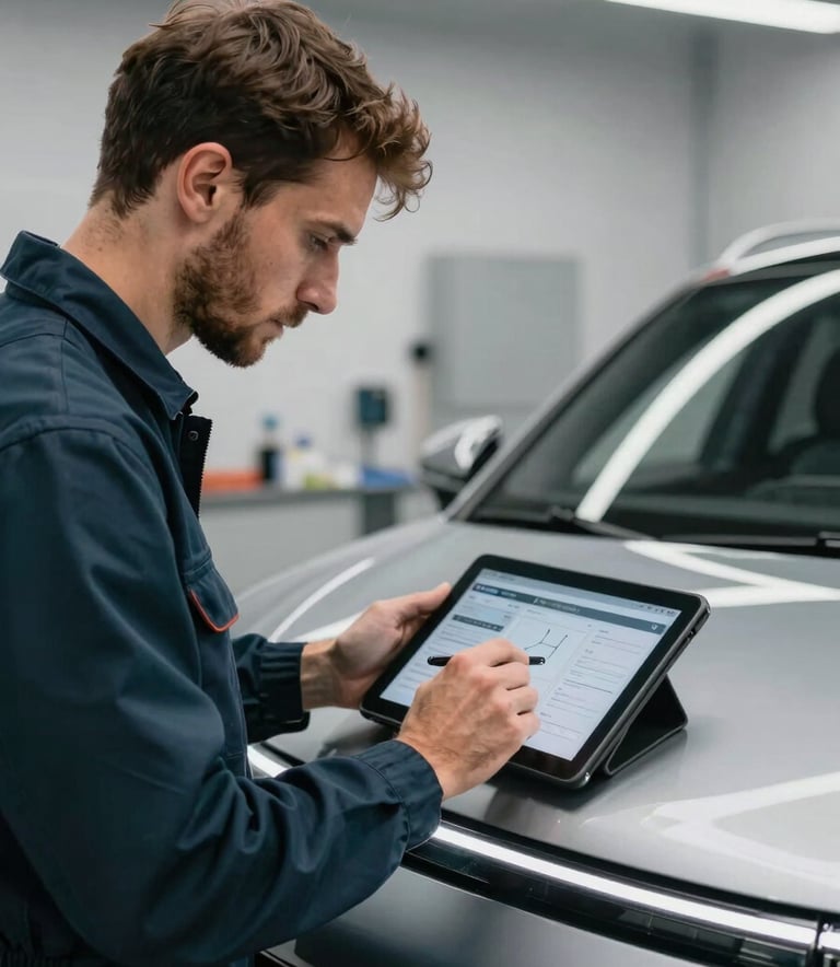A high-end, detailed close-up of a professional automotive technician in dark midnight teal workwear using a digital tablet to inspect a sleek silver car inside a clean, modern Central European / Polish service station with soft lighting.