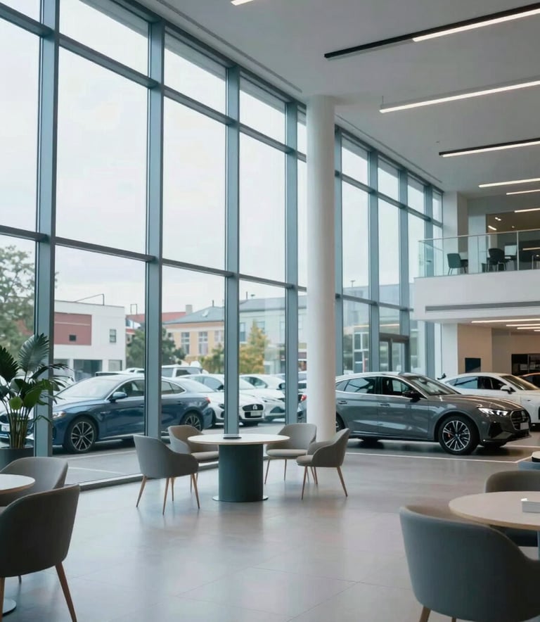 A wide photography shot of a spacious, ultra-modern car showroom with floor-to-ceiling glass windows in a Central European / Polish city. The space is bright and airy with soft light steel blue accents and minimalist furniture.