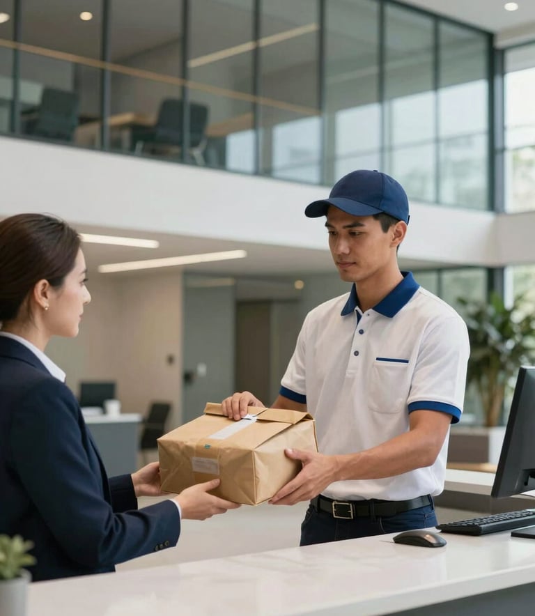 A professional courier in a clean uniform delivering a document pouch to a receptionist in a modern Brazilian corporate building lobby with glass walls and contemporary architecture.