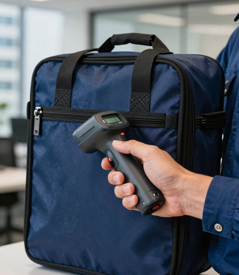 A close-up photograph of a professional courier hand holding a digital scanner to a secure, locked logistics pouch. The lighting is bright and modern, set in a South American business district office. The pouch is a professional dark blue.