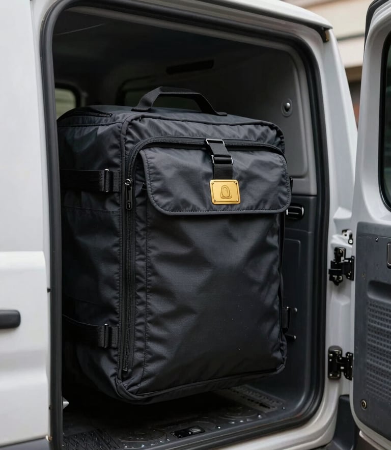 Close-up photography of a heavy-duty, tamper-evident courier pouch with a gold-colored security seal being loaded into a reinforced compartment of a specialized transport vehicle in a South American urban setting.