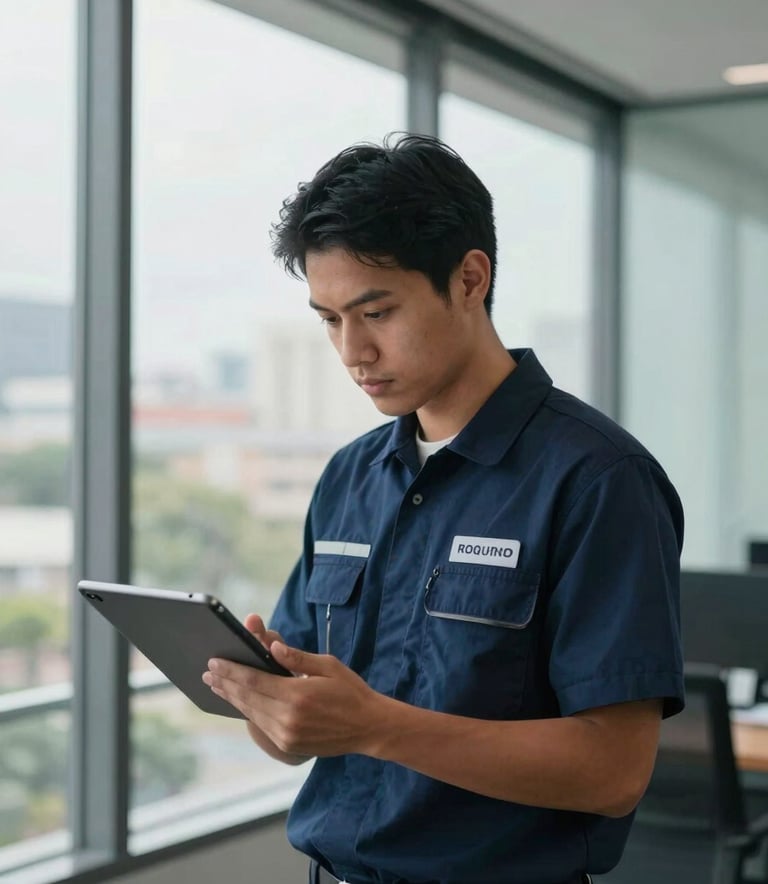 Photography of a modern South American corporate office with large glass windows, featuring a focused professional in a dark blue logistics uniform checking a digital tablet, symbolizing precision and modern professionalism in courier services, soft natural lighting.