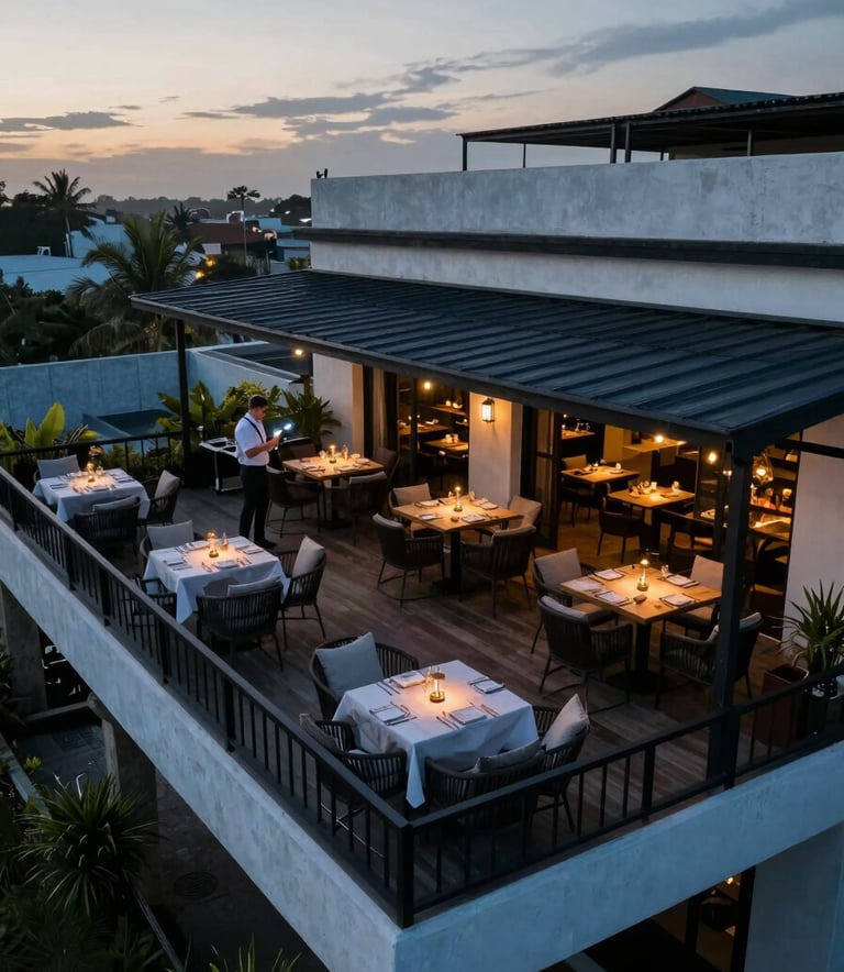 Photography of a drone capturing high-angle footage of a luxury restaurant terrace in Latin America, showing elegant furniture and a professional setup, sunset lighting, colors: muted blue and black.
