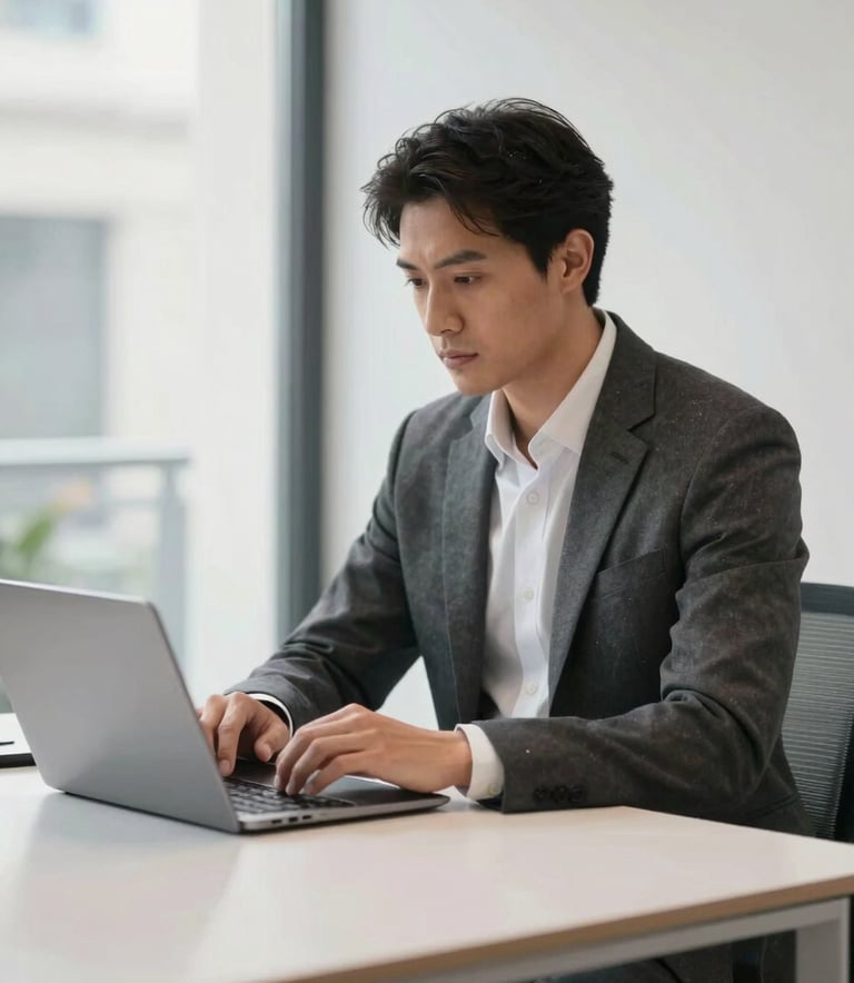 Professional photography of a business consultant in a modern, bright office in a Spanish city, sitting at a clean desk with a laptop, reflecting a premium and efficient mood, colors: white, dark gray, and light gray.