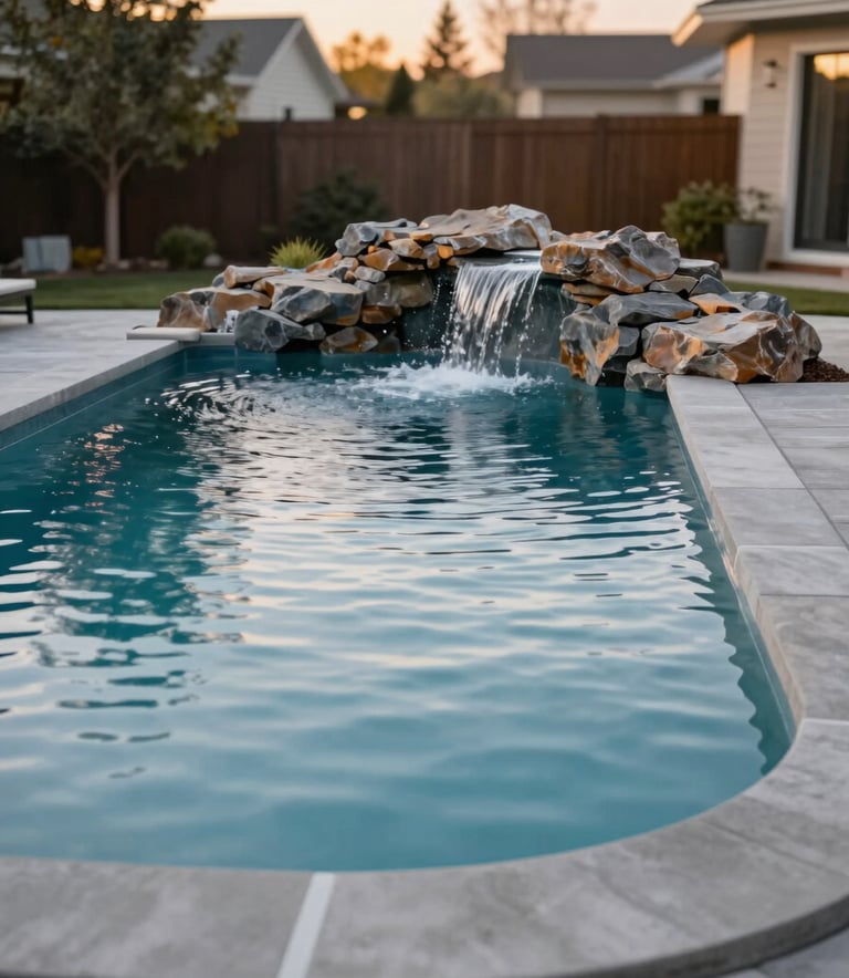 A luxury custom-shaped concrete pool in an Eagle, Idaho backyard, featuring a built-in rock waterfall and elegant stone coping. The scene is shot during golden hour with warm lighting, reflecting the professional and premium nature of the brand. Subtle teal tones (#1B6A7A) are visible in the water reflections.