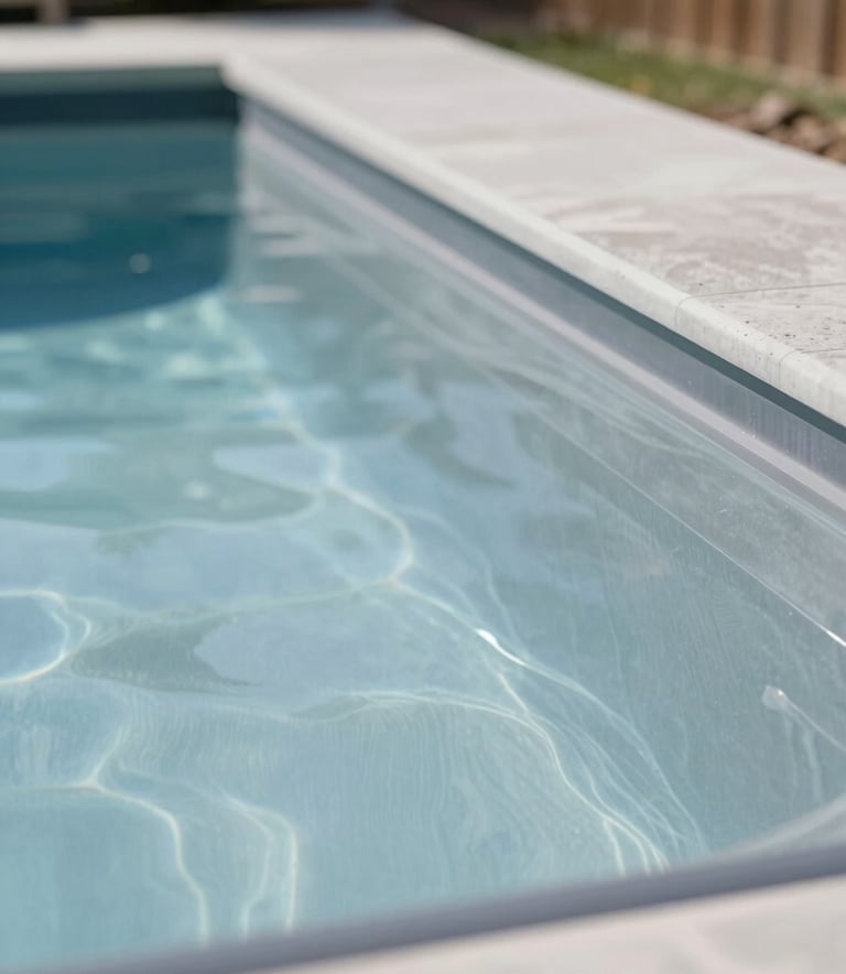 A close-up of a high-quality fiberglass pool shell being professionally installed in a residential Idaho setting. The surface is shimmering and smooth, reflecting the light grey-blue palette (#C4D1D1). The image feels clean, approachable, and highly professional.