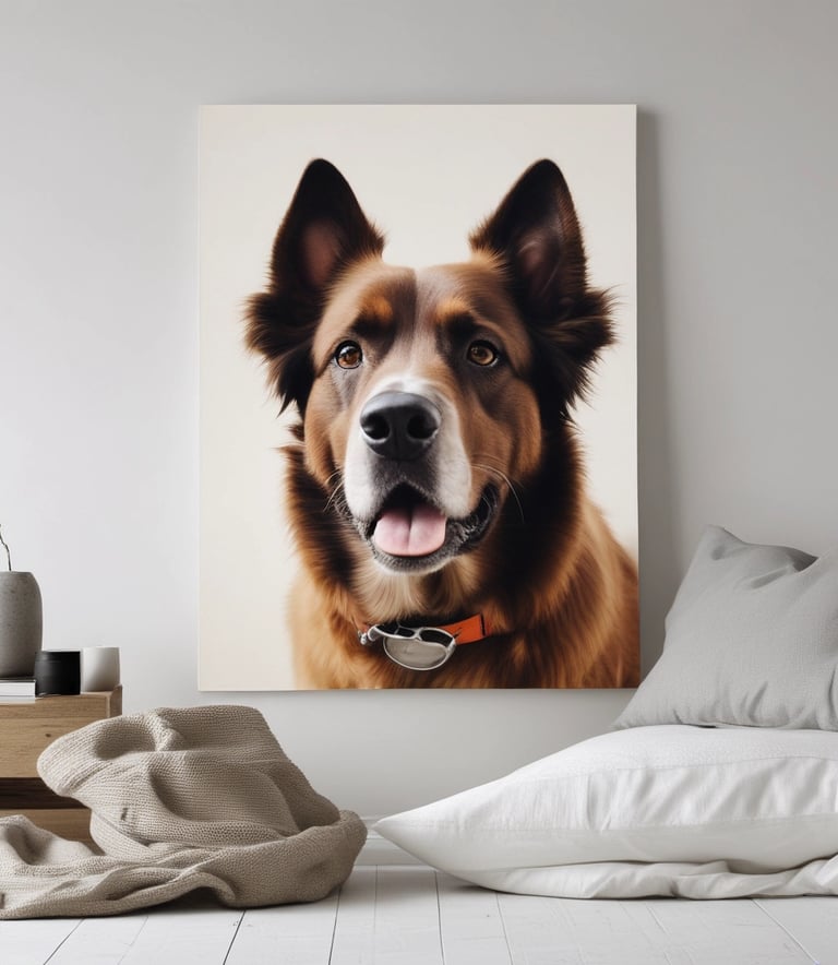 A cozy living room wall decorated with a custom canvas portrait of a happy dog.