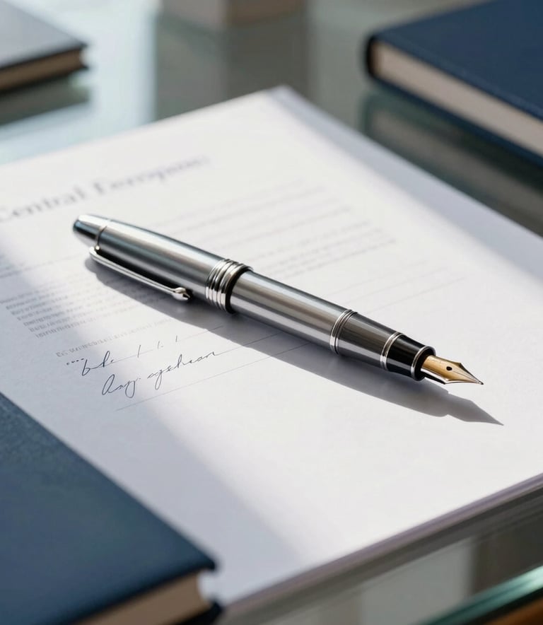 Close-up of a high-end silver fountain pen resting on signed financial documents, soft morning light hitting a glass table in a modern Köln office, deep navy and steel blue accents, professional atmosphere, Central European style photography.