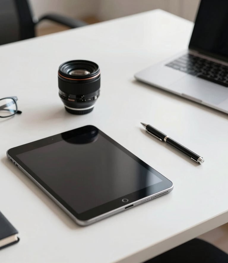 Professional business environment in Central Europe, a clean minimalist desk with a tablet and high-end stationery, soft daylight.