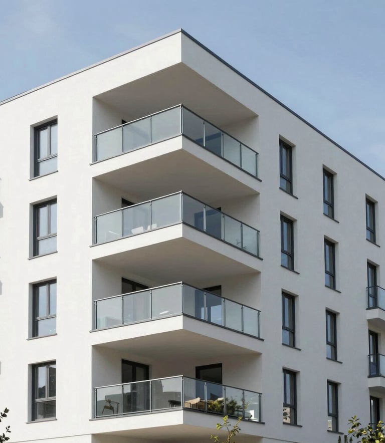 A modern residential real estate development in Central Europe, clean white facade, glass balcony, bright daylight.