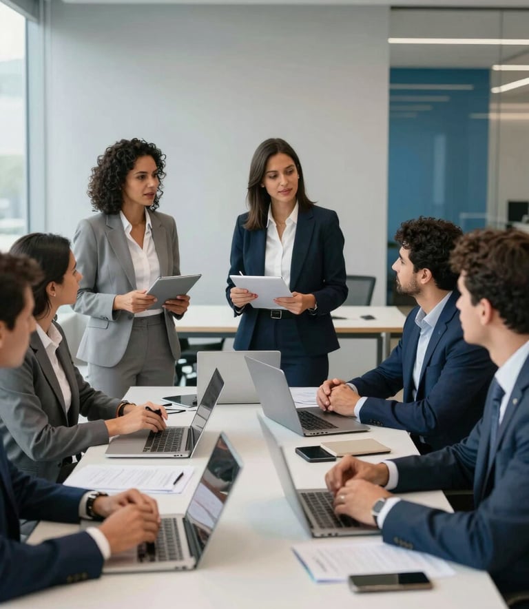 A professional business setting in Brazil, showing a dynamic sales strategy session, modern workspace with light gray and blue accents, professional South American team collaborating in an airy environment, sharp focus, clean composition, high-end commercial photography.