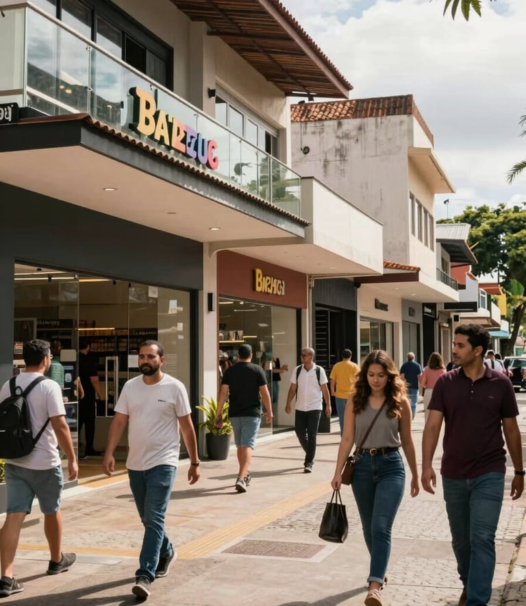 A vibrant Brazilian commercial street scene with modern shop fronts and people walking by, capturing a dynamic and professional business environment during daytime, natural lighting.