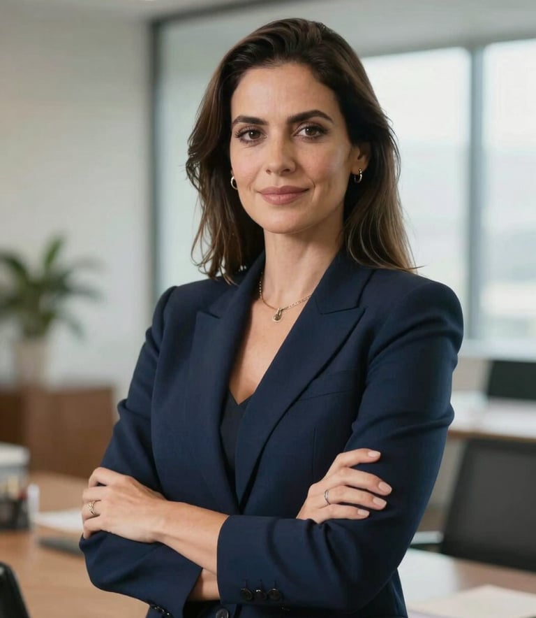 Professional portrait of Fernanda Raquel de Aquino, a South American female consultant in a modern bright office, wearing a professional dark blue blazer, looking friendly and competent, high-end photography, soft natural lighting.