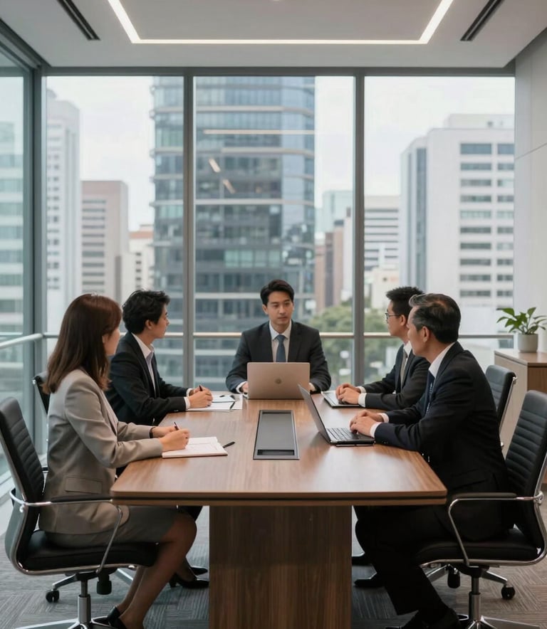 A professional business meeting in a sleek, glass-walled boardroom in a South American city, featuring high-end office furniture and a clean, modern aesthetic.