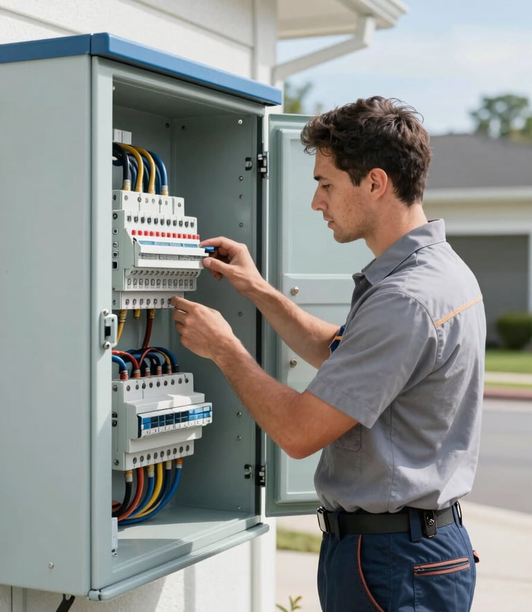 Photography of a professional electrician wearing clean work attire, inspecting a modern electrical panel in a bright North American / US residential garage. The scene uses Light Mist and Sky Blue accents. Natural daytime lighting, sharp focus.