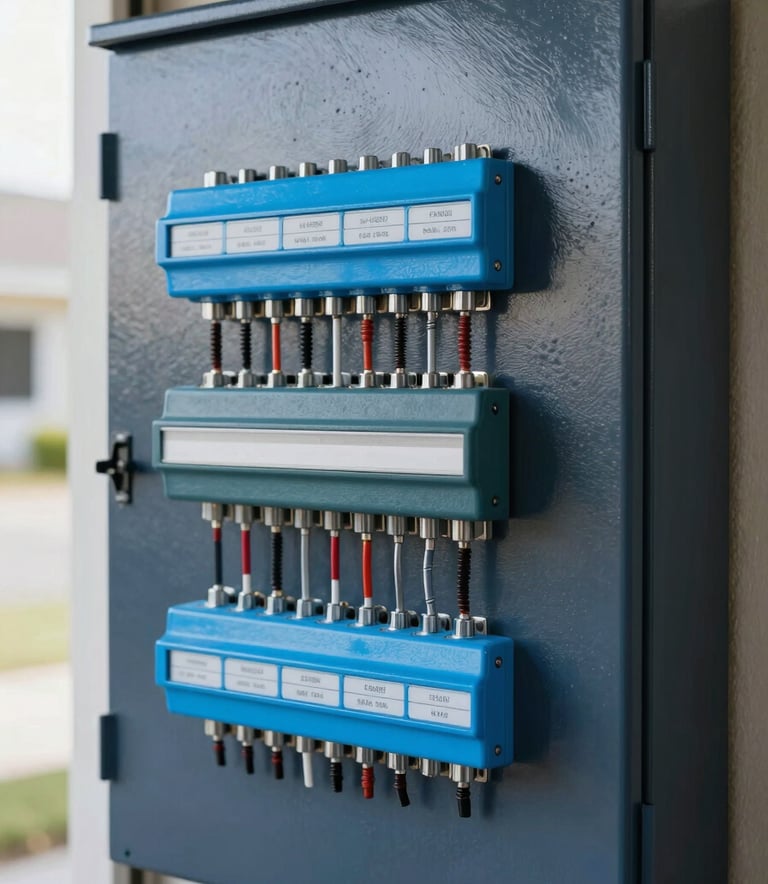 A close-up of a neatly organized modern electrical panel with clear labeling, bright and sharp focus, conveying efficiency and reliability, featuring dark slate navy and sky blue components, in a North American / US residential garage setting.