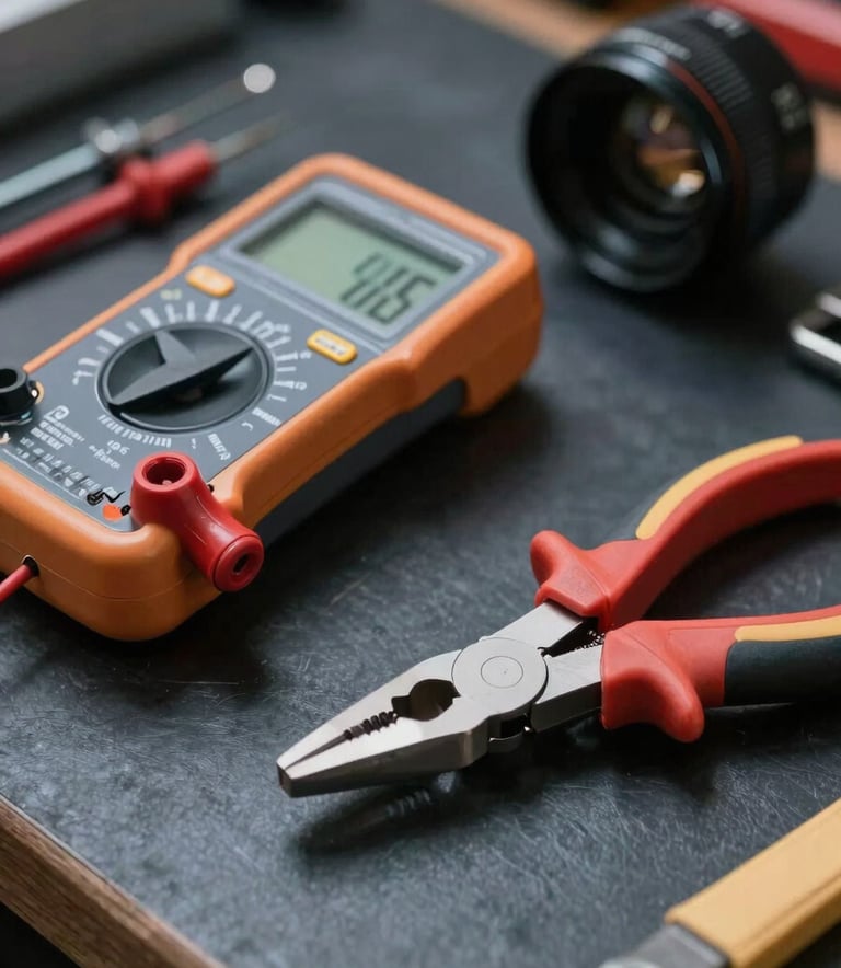Close-up photography of professional electrical tools, like a multimeter and insulated pliers, arranged neatly on a Dark Navy workbench in a North American / US workshop. Soft, efficient lighting emphasizing metal textures and precision, with Slate Gray accents.