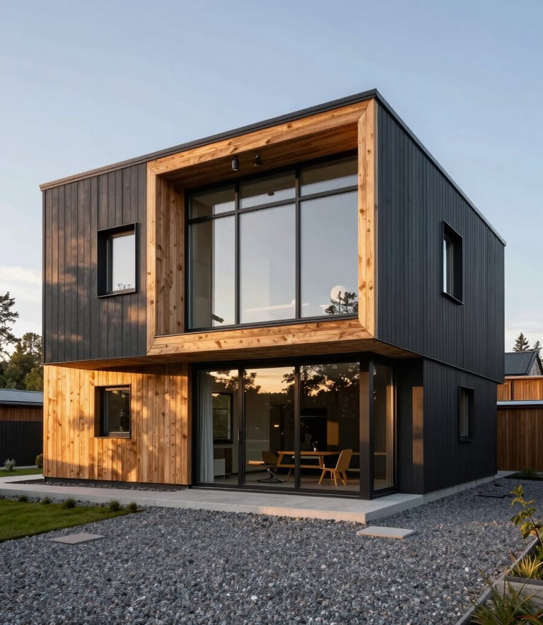 A high-end architectural photograph of a modern Northern European / Finnish detached house. The structure features clean lines, a mix of natural wood and dark gray panels, large floor-to-ceiling windows, and a minimalist gravel driveway. Professional lighting during the golden hour to emphasize luxury and quality.