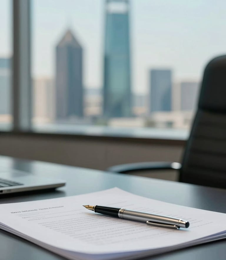 A high-end executive desk with professional legal documents, a silver fountain pen, and a subtle view of Riyadh's skyline in the background, daytime, focused and professional, incorporating #336B87 tones.