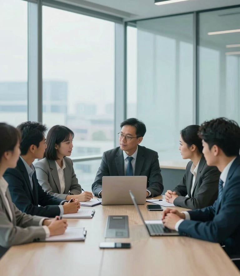 A diverse team of business professionals collaborating around a light-colored conference table in a modern office with floor-to-ceiling windows, soft natural light, reflecting #EDF2F7 and #336B87.