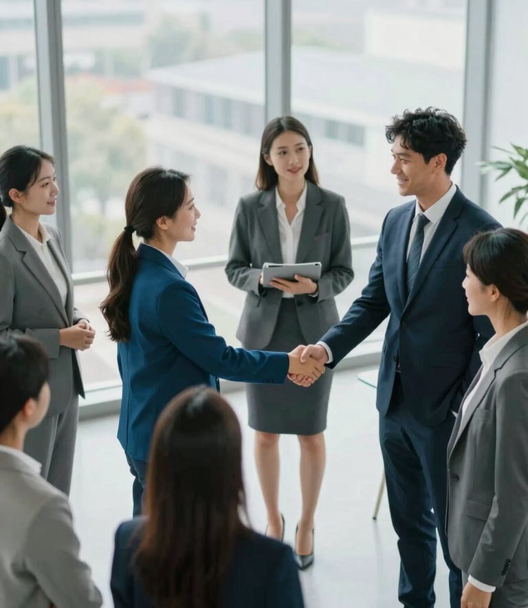 A high-angle shot of a diverse group of professional consultants shaking hands in a bright, modern corporate office. The scene is illuminated with soft natural light coming through floor-to-ceiling windows. The color palette includes hints of #336B87 and #1A202C in the business attire and furniture, conveying success and unwavering expertise.