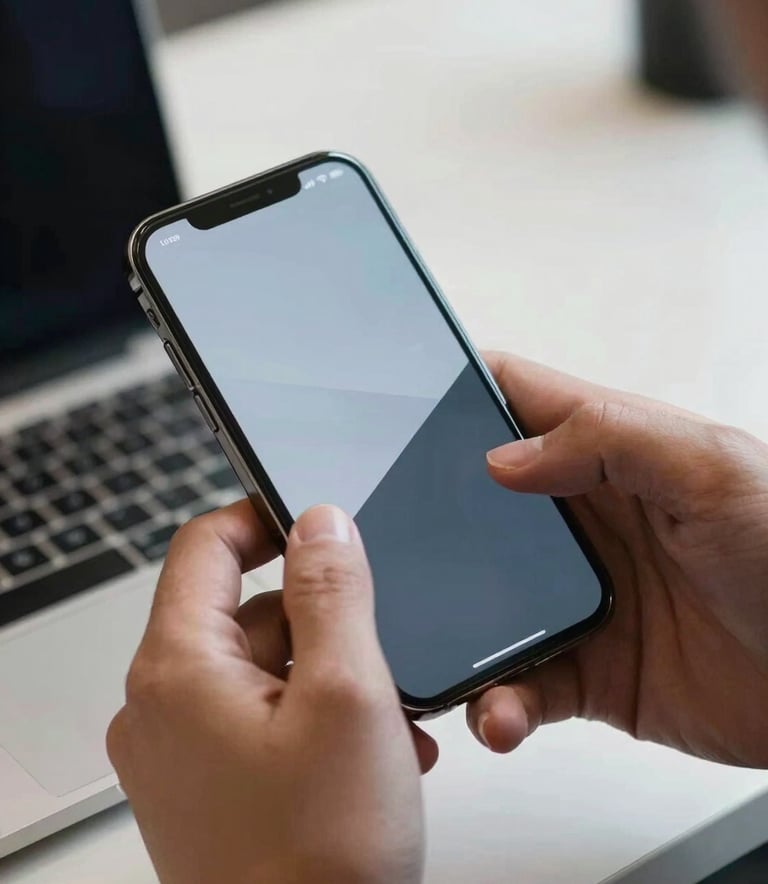 A high-detail close-up of a person's hands in a sleek North American office, interacting with a high-end smartphone that displays a sophisticated user interface with light blue and charcoal color schemes.