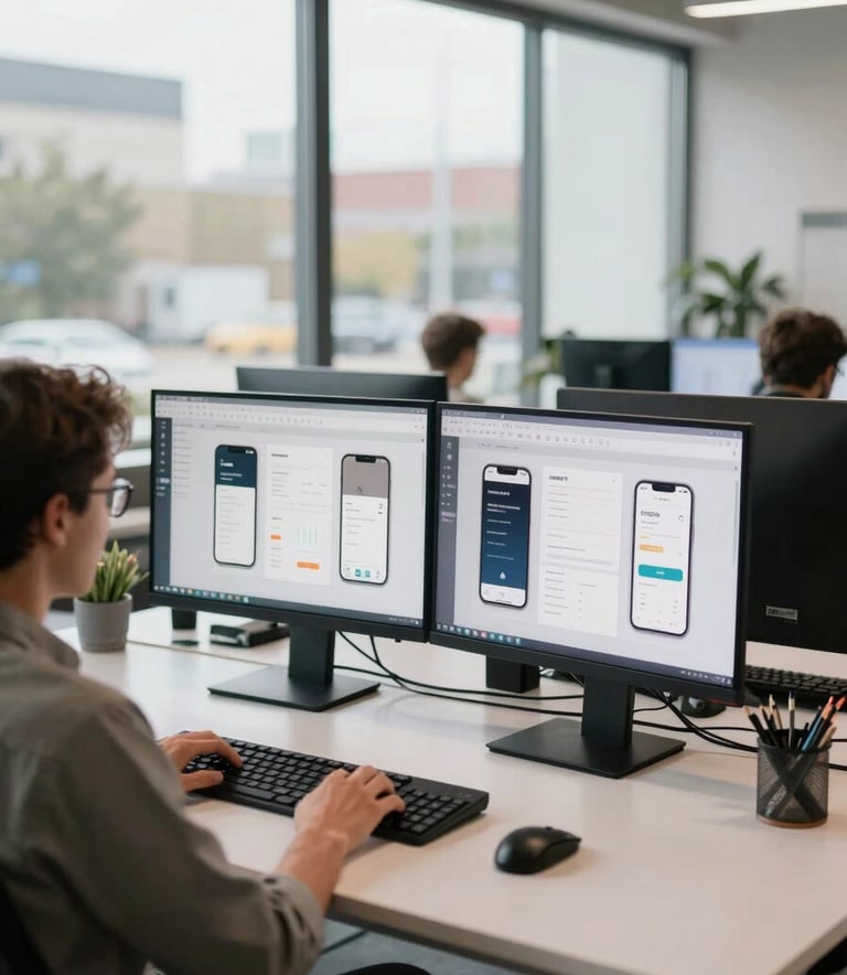 A bright, modern North American design studio with large windows. Professionals are working at sleek desks with large dual monitors displaying mobile app wireframes and user interface designs.