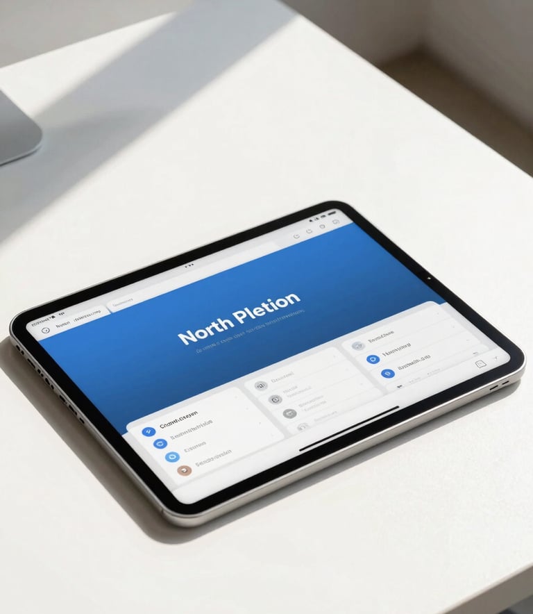 A high-end tablet lying on a clean white desk in a sunlit North American office. The tablet displays a vibrant, user-friendly mobile application interface with clean typography and slate blue elements.