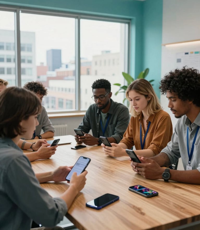 A professional North American creative studio with a group of diverse developers collaborating around a large wooden desk, looking at mobile phone prototypes. The space is modern with teal and light blue accents and large windows showing a bright city morning.