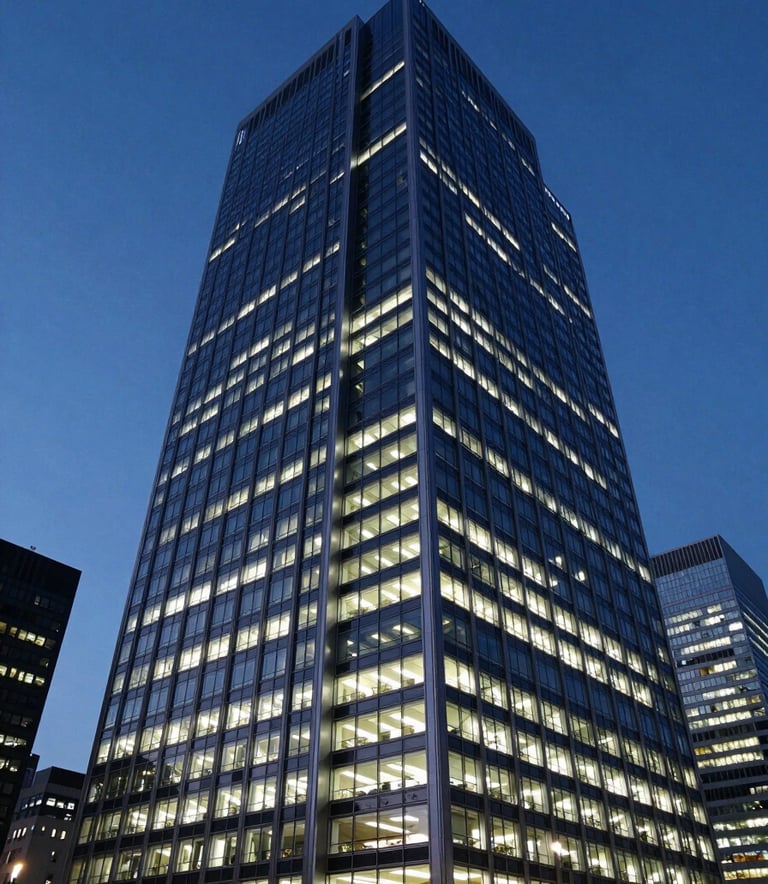 A wide-angle shot of a modern corporate skyscraper at dusk, with windows glowing in cool off-white and a clear sky in deep steel blue, conveying a professional Global / Corporate city environment.