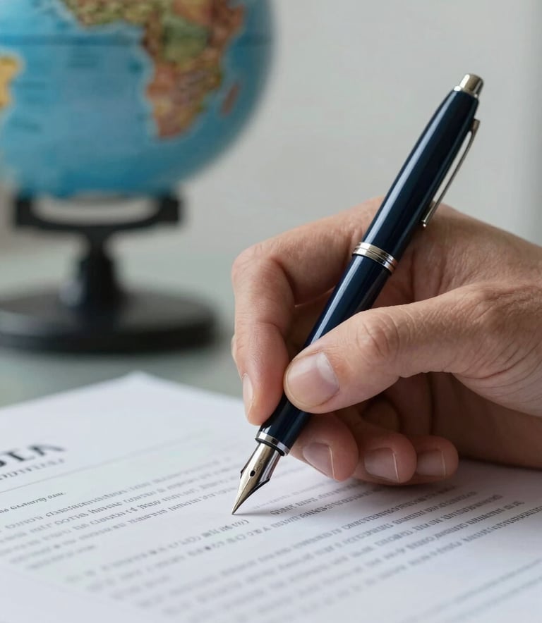 Close-up photography of a professional's hand using a dark navy blue fountain pen to sign a trade contract, with a blurred globe and a soft sky grey document in the background, set in a modern Global / Corporate office.