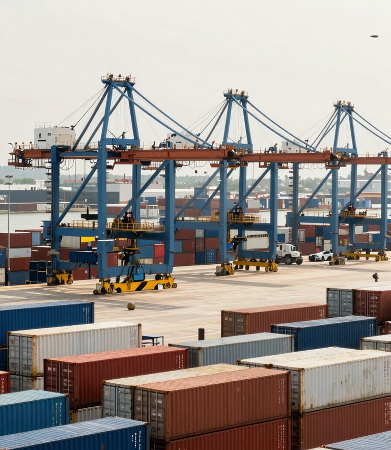 A bustling Global / Corporate logistics hub or cargo port bathed in bright off-white daylight. Medium blue machinery and shipping containers, symbolizing efficient international EXIM operations.