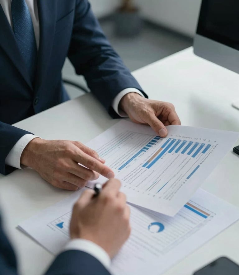 A Global / Corporate professional analyzing financial and compliance documents on a modern desk. Medium blue accents in the office environment, conveying trust, accuracy, and regulatory expertise.