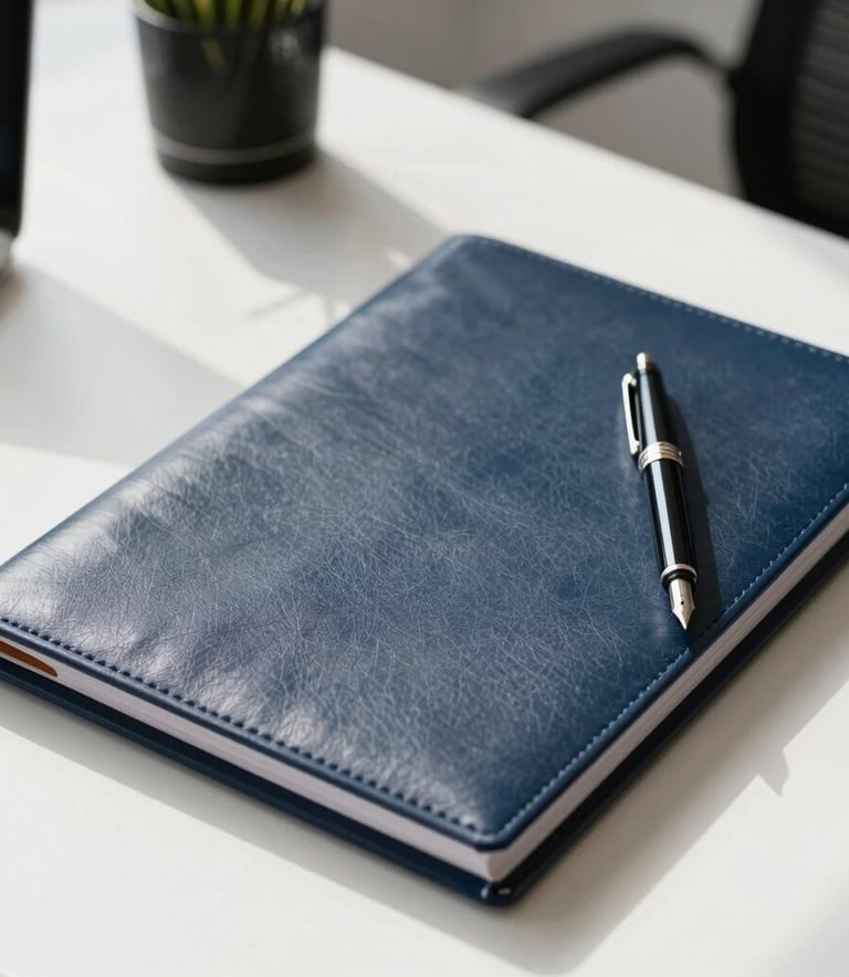 A close-up of a professional desk with a leather-bound folder and a high-end fountain pen, soft morning light in a bright Southern European office, colors of deep navy and white.